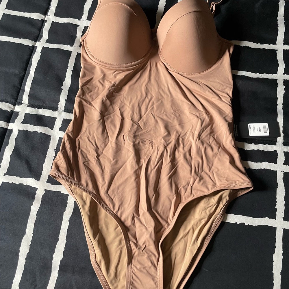 Fashion Nova Tan One Piece Swimsuit with Molded Cups and High Cut Legs